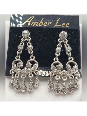 Vintage Austrian Crystal Long Dangle Earrings White Chandelier Sparkly